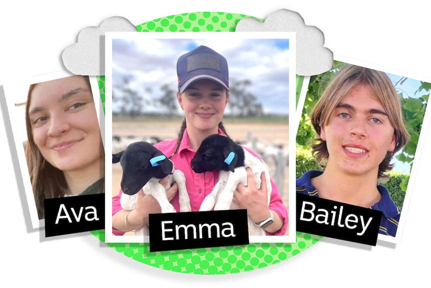 Pictures of a teen girl's smiling face, another teen girl holding baby goats in a paddock, and a teen boy in school uniform.