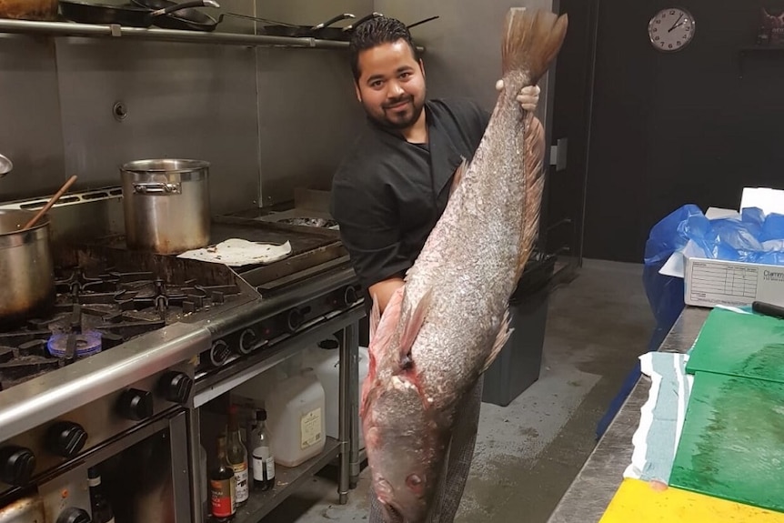 Parmal Singh Thakur holding up a giant fish in the kitchen of Tolarno Eating House & Bar in St Kilda