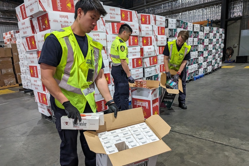 Australian Border Force workers pulling cigarettes from boxes.