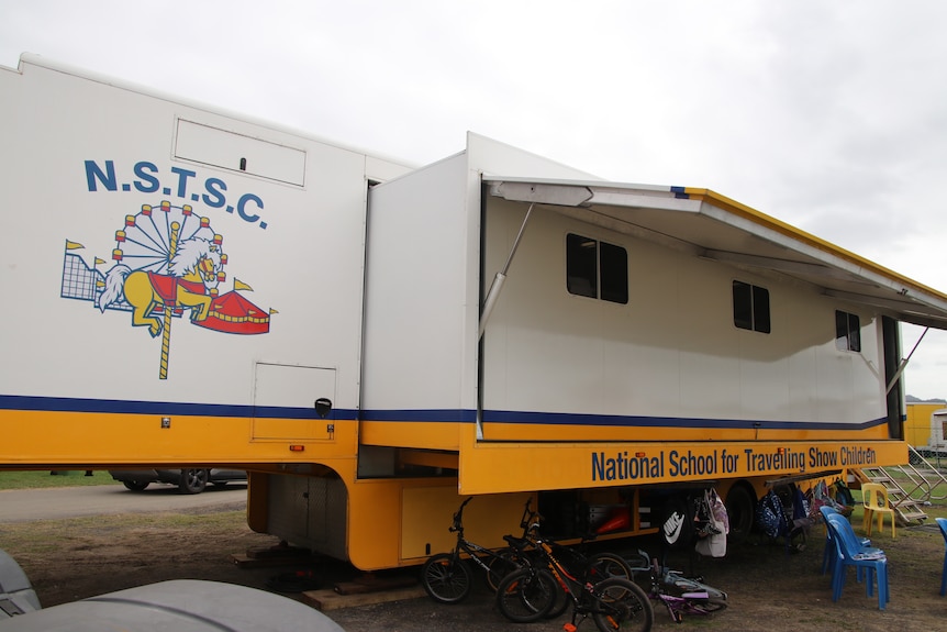 A semi trailer than extends into a classroom 
