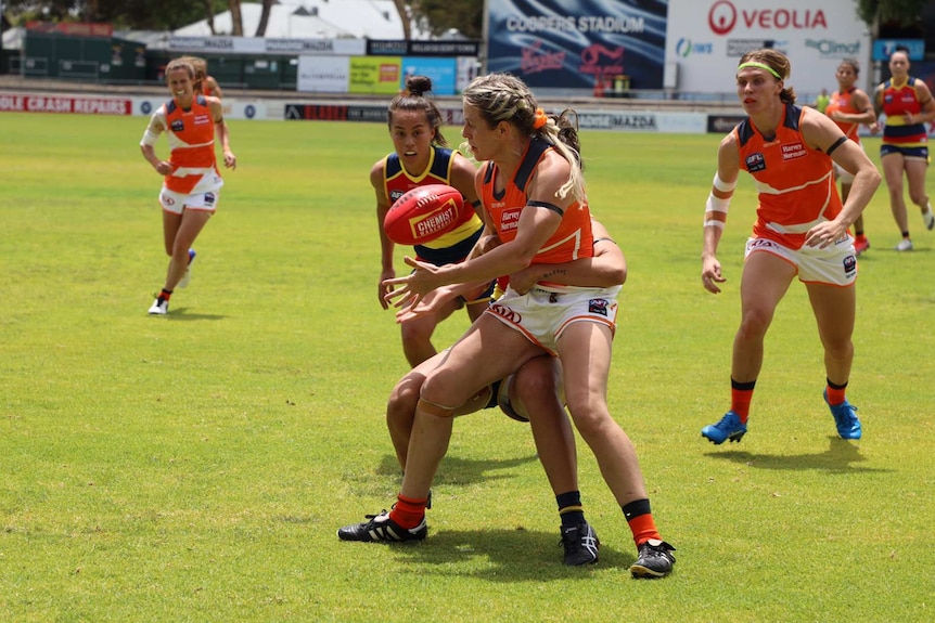 Brid Stack playing for the Giants in their AFLW practice match against Adelaide at Norwood Oval in Adelaide on January 17, 2021.