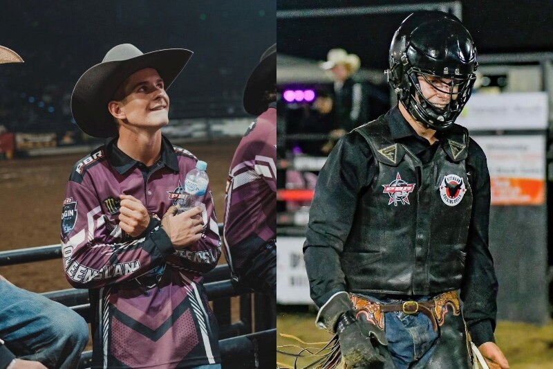 two images of a man, one left he is cowboy hat and on right wearing a helmet and bull riding gear