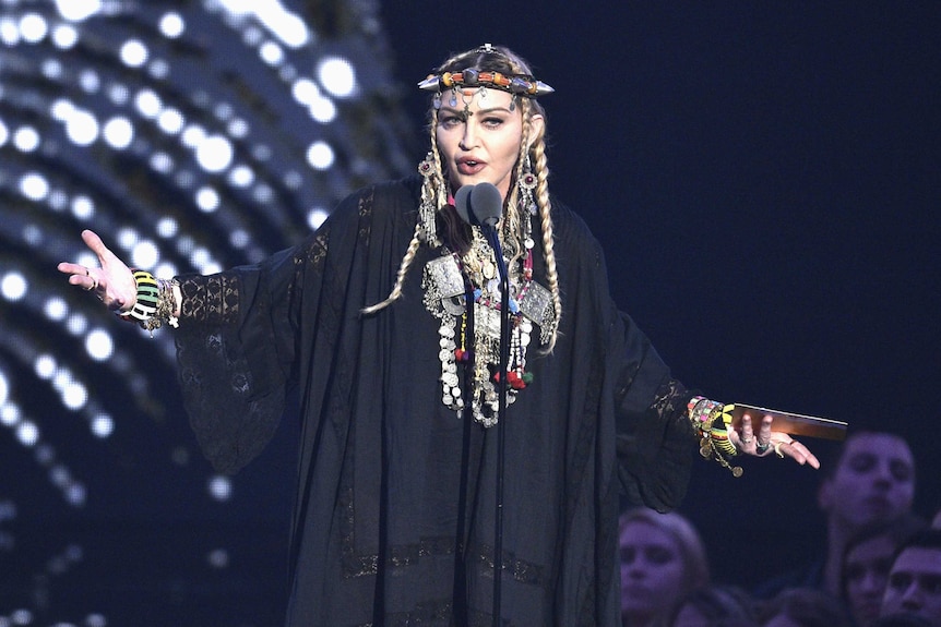 Madonna presents a tribute to Aretha Franklin at the MTV Video Music Awards.