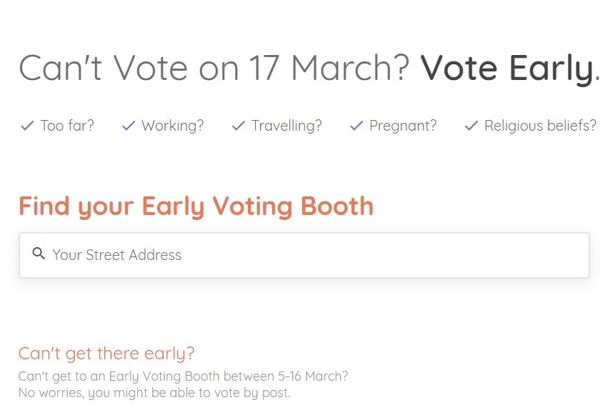 The Vote Early SA website appears neutral until a small disclaimer at the bottom.