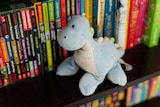 A blue dinosaur soft toy sits on a bookcase in front of children's books.