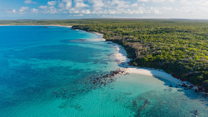 An aerial view of a stretch of beach, with deep blue water and light sand. 