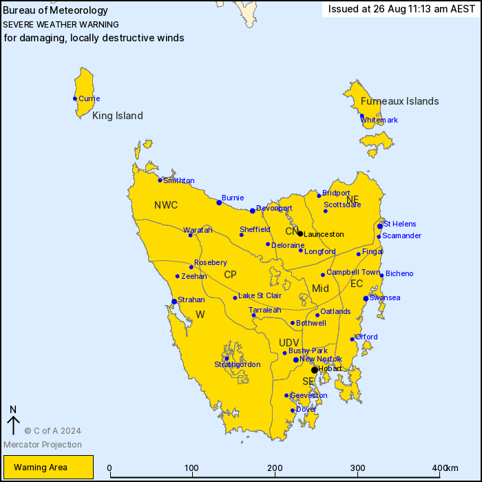 A map of Tasmania with the entire island shaded in yellow for the warning.