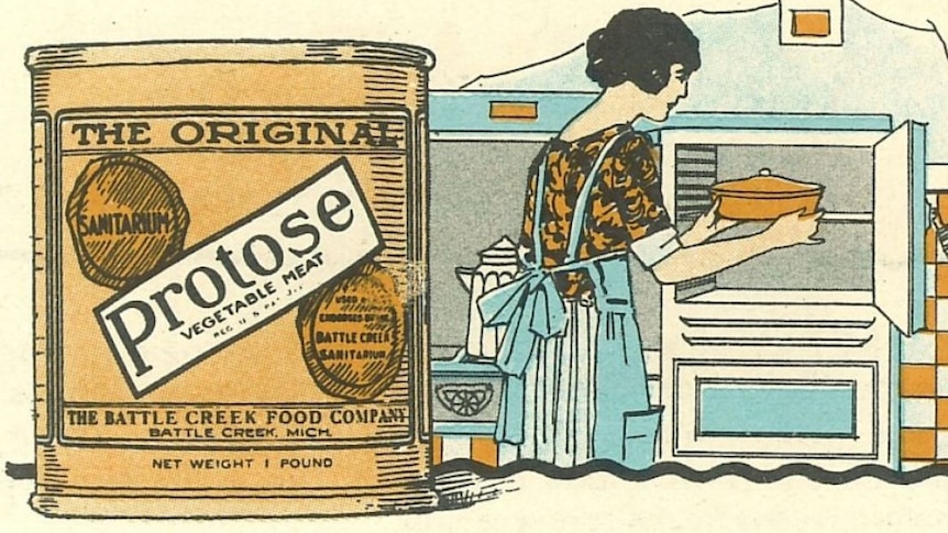 Old drawn advertisement of a tin of 'Protose' next to image of woman wearing apron putting pie into over.