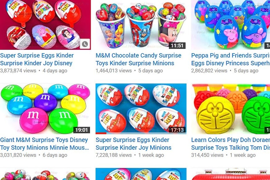 Thumbnails of videos featuring chocolate eggs, each with several million views.