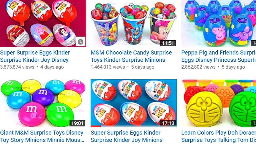 Thumbnails of videos featuring chocolate eggs, each with several million views.