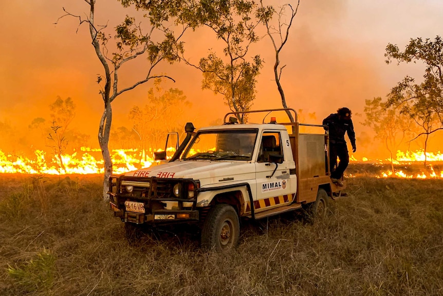 A small four wheel drive fire truck in front of flames created by back burning.