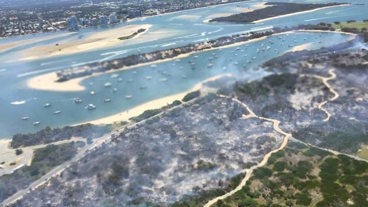 An aerial view of a vegetation fire that broke out at the Gold Coast's Southport Spit
