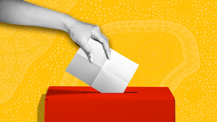 An illustration showing a hand putting a slip of paper into a ballot box, with an Indigenous artwork as a background.