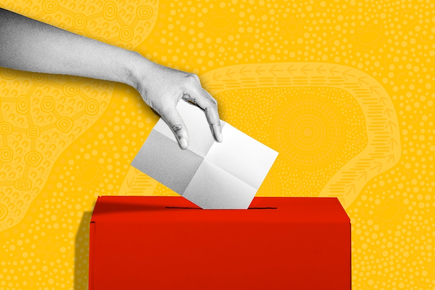 An illustration showing a hand putting a slip of paper into a ballot box, with an Indigenous artwork as a background.