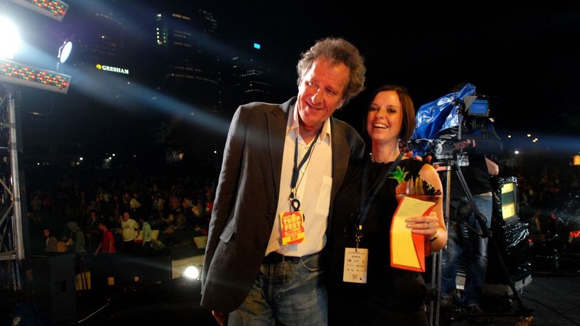 Michelle Lehman, right, with Geoffrey Rush
