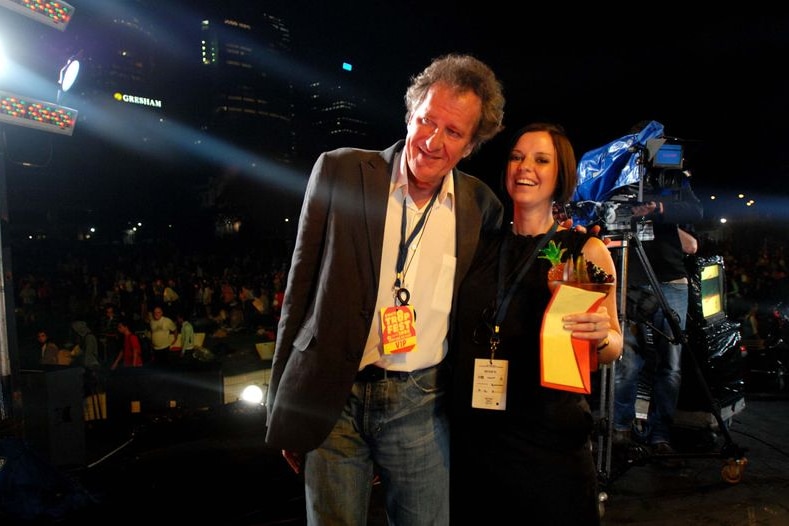 Michelle Lehman, right, with Geoffrey Rush