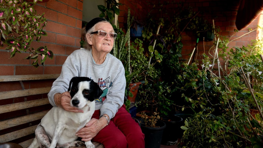 Public housing tenant Patricia Haub, 77, with her dog Randy, outside her home in Millers Point in Sydney.