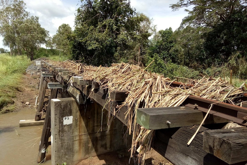 Flood debris is piled up on sugar cane railway tracks, 25 kilometres north of Mackay.