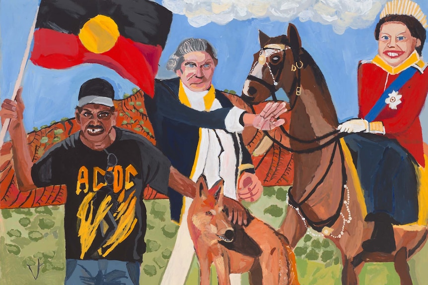 Painting showing the artist holding an Aboriginal flag, next to Captain Cook, a dingo, and a Royal on horsback