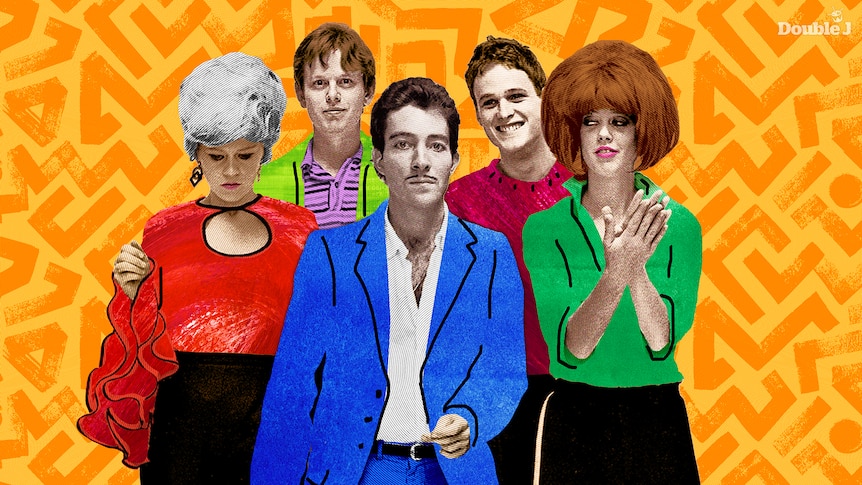 A pop art image of the B-52's band