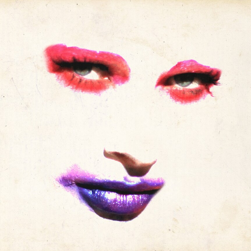eyes with red eyeliner, a nose, and a mouth with purple lipstick set on an off-white background