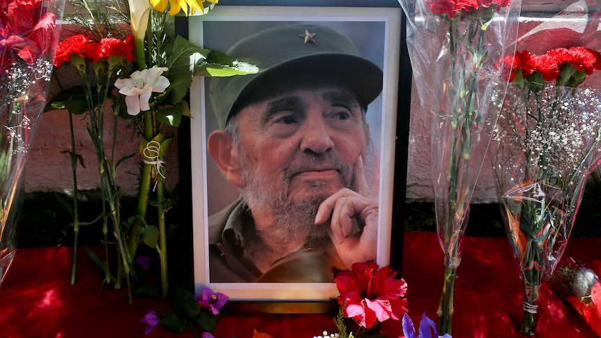 A portrait of Fidel Castro surrounded by flowers.