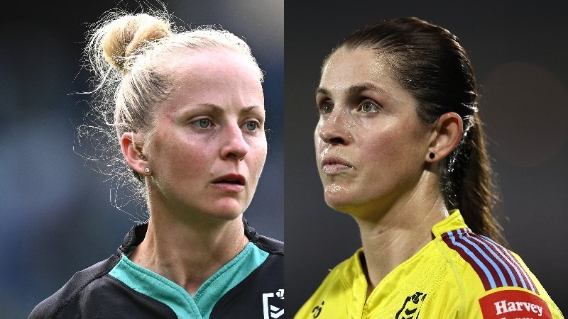 A split image of two female NRL officials, both watching looking across field at rugby league games.