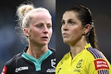 A split image of two female NRL officials, both watching looking across field at rugby league games.