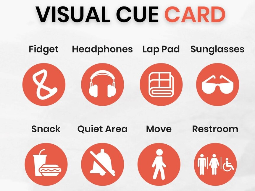 A visual cue card with icons and text above each one with words like fidget, headphones, lap pad, sunglasses.