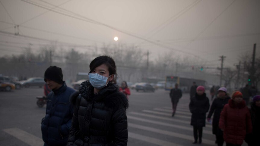 A woman wearing a mask crosses a road during severe pollution in Beijing on January 12, 2013.