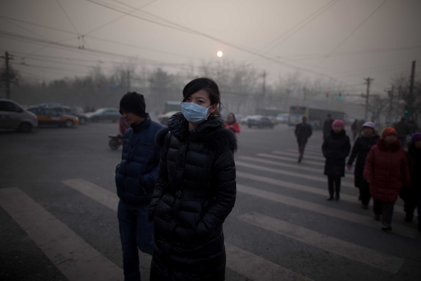 A woman wearing a mask crosses a road during severe pollution in Beijing on January 12, 2013.