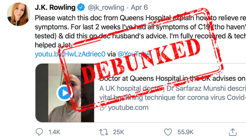 A Tweet from JK Rowling claims controlled coughing cured her of COVID-19 symptoms, a red debunked stamp sits over the top