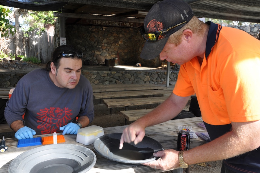 Professor Frank Reith sits at a bench poring over gold pans with a fellow researcher