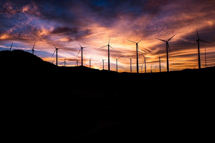 A wind farm at sunset against an orange and purple sky.