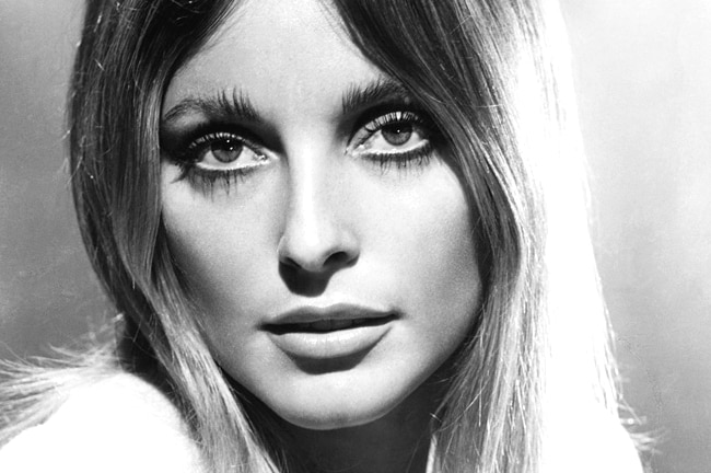 A black and white glamour headshot of Sharon Tate. Her hair is down. Her eye makeup is on fleek.