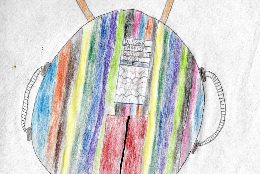 A child's drawing of a colourful time machine.
