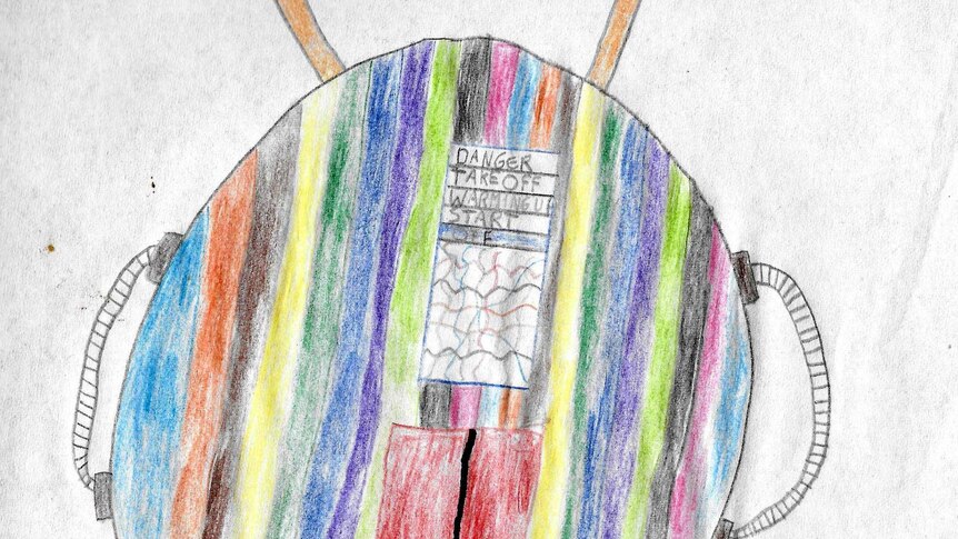 A child's drawing of a colourful time machine.