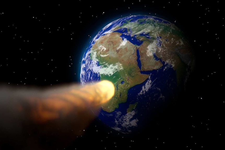 Planet Earth from space, with a fiery asteroid plummeting towards it. Black background with stars.