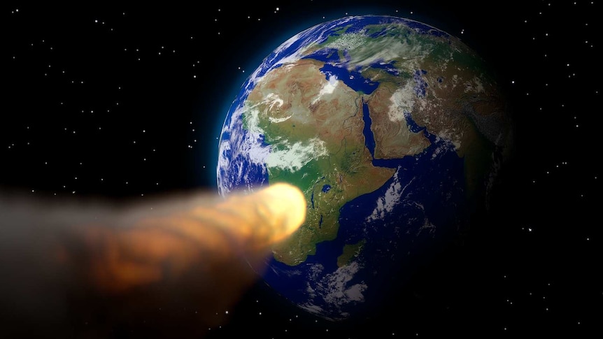 Planet Earth from space, with a fiery asteroid plummeting towards it. Black background with stars.
