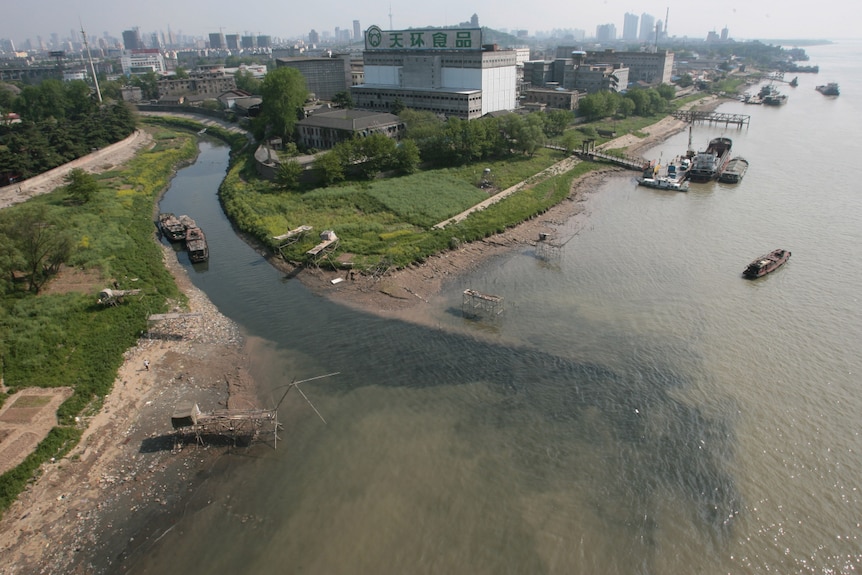Acqua inquinata da un ruscello che scorre nel fiume Yangtze in Cina.