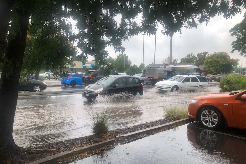 Cars going through water on a road