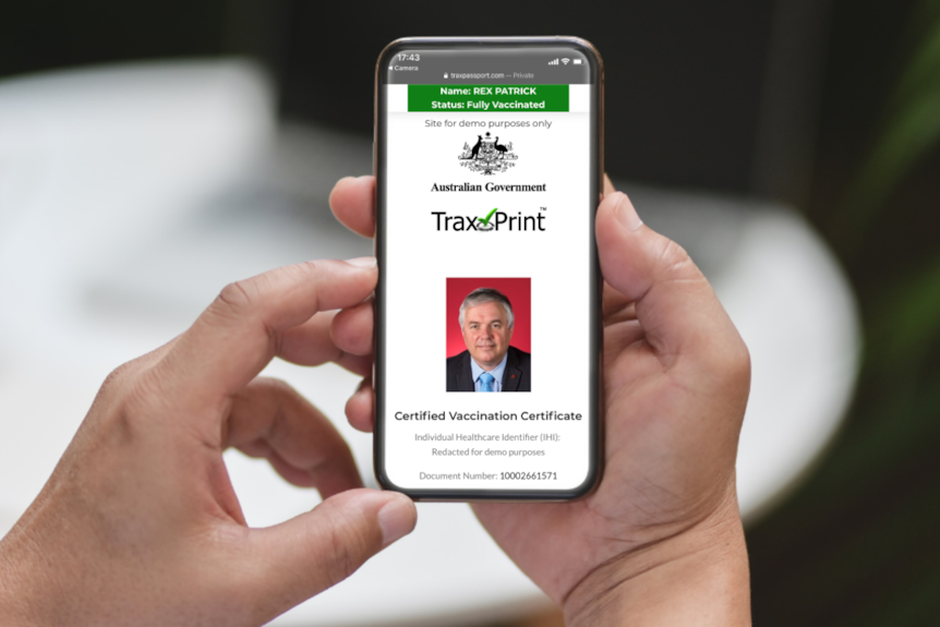 A graphic shows a mocked up 'proof of vaccination' website on a smart phone screen.