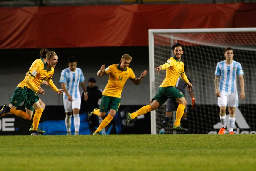 Panetta celebrates goal for Australia under-17s against Argentina