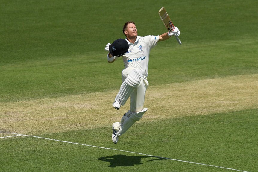 A cricketer leaps in the air holding his bat, in celebration after scoring a Sheffield Shield century.