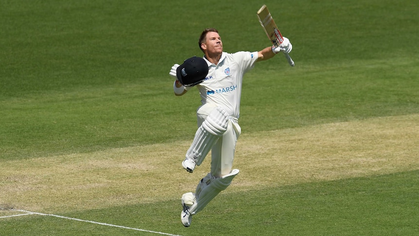 A cricketer leaps in the air holding his bat, in celebration after scoring a Sheffield Shield century.