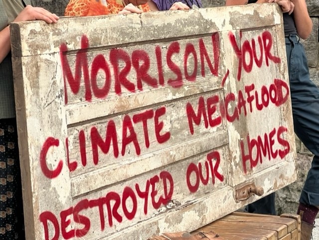 A sign protesting climate change blaming Prime Minisiter Scott Morrison