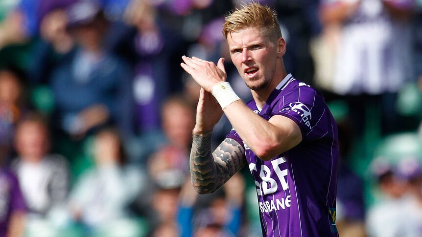 Perth Glory's Andy Keogh celebrates another goal against Brisbane Roar at Perth Oval.