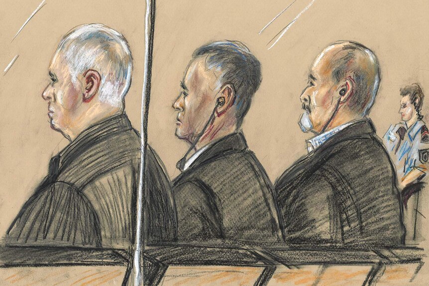 Sketch of three accused in the Supreme Court dock