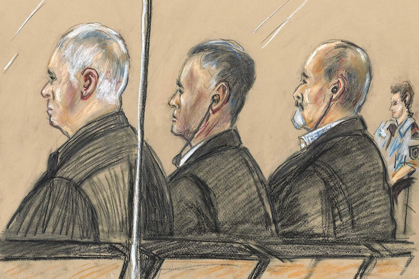 Sketch of three accused in the Supreme Court dock in Brisbane