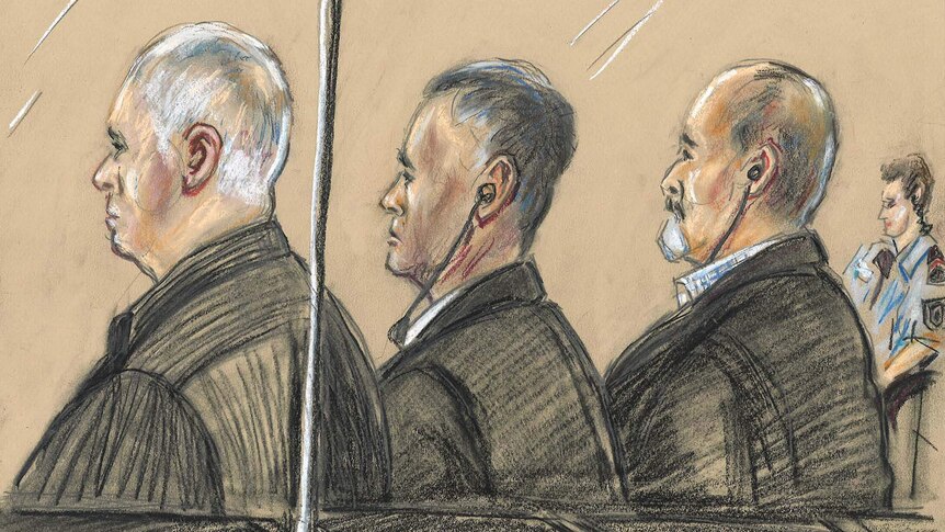 Sketch of three accused in the Supreme Court dock in Brisbane